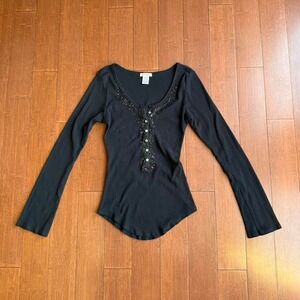 Black Long Sleeve‎ Henley Top w/ Beaded Neckline
